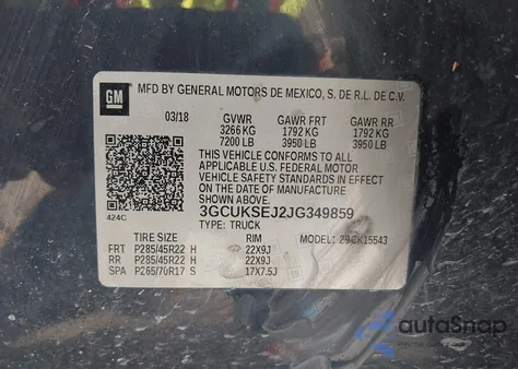 2018 Chevrolet Silverado 1500 2Lz z USA, uszkodzony, nr VIN 3GCUKSEJ2JG349859